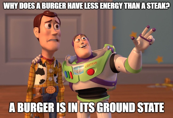 Why does a burger have less energy than a steak A burger is in its ground state